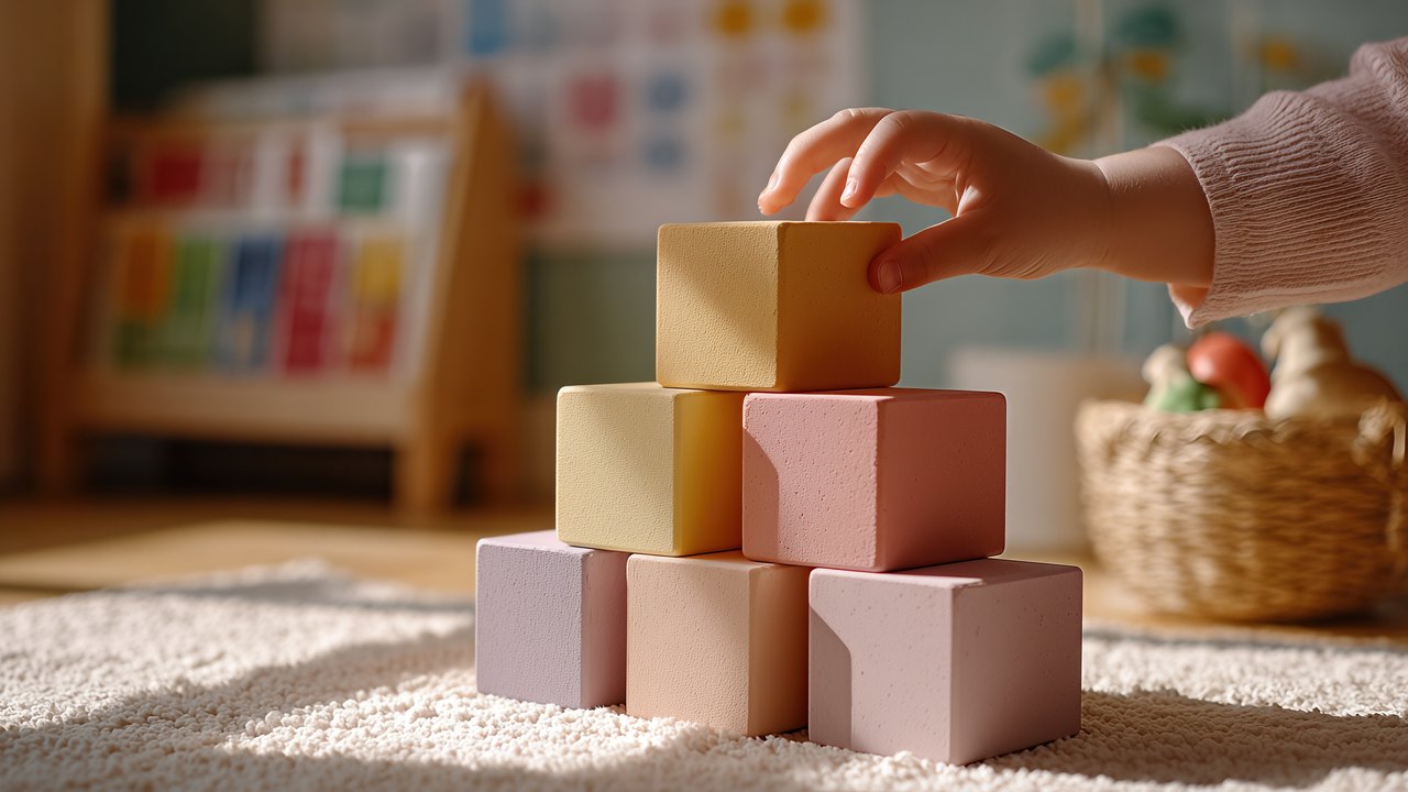 A young child stacking soft pastel wooden blocks