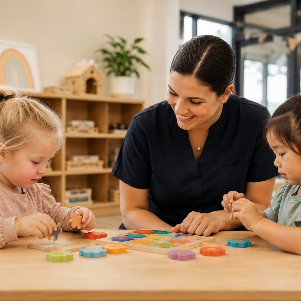 An educator and two toddlers playing with a wooden puzzle at The Little College